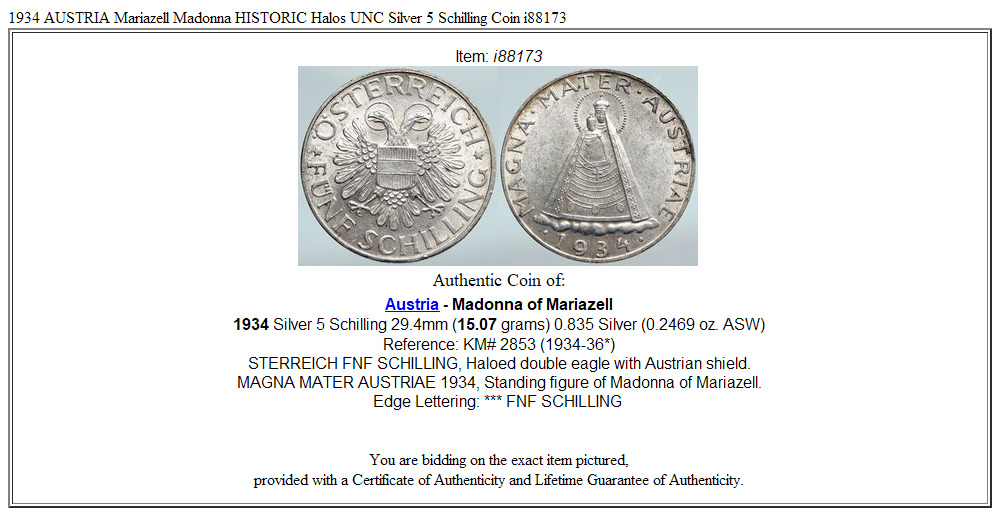 1934 AUSTRIA Mariazell Madonna HISTORIC Halos UNC Silver 5 Schilling Coin i88173