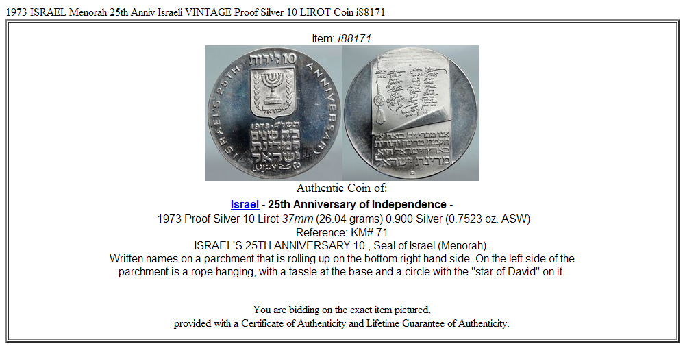 1973 ISRAEL Menorah 25th Anniv Israeli VINTAGE Proof Silver 10 LIROT Coin i88171