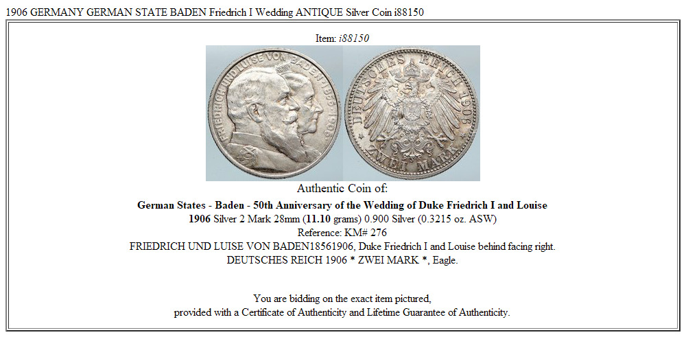 1906 GERMANY GERMAN STATE BADEN Friedrich I Wedding ANTIQUE Silver Coin i88150