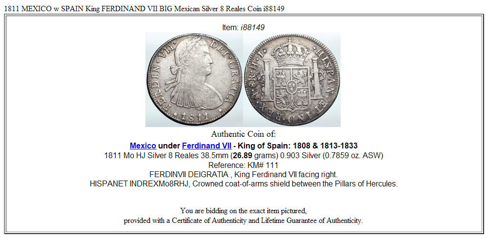 1811 MEXICO w SPAIN King FERDINAND VII BIG Mexican Silver 8 Reales Coin i88149