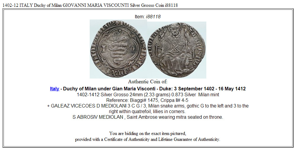 1402-12 ITALY Duchy of Milan GIOVANNI MARIA VISCOUNTI Silver Grosso Coin i88118