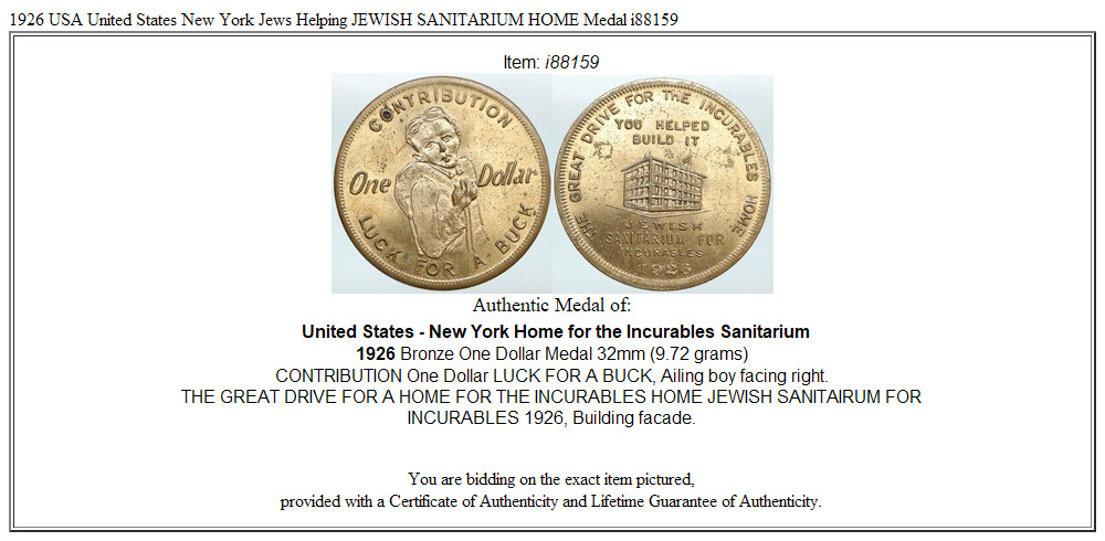 1926 USA United States New York Jews Helping JEWISH SANITARIUM HOME Medal i88159