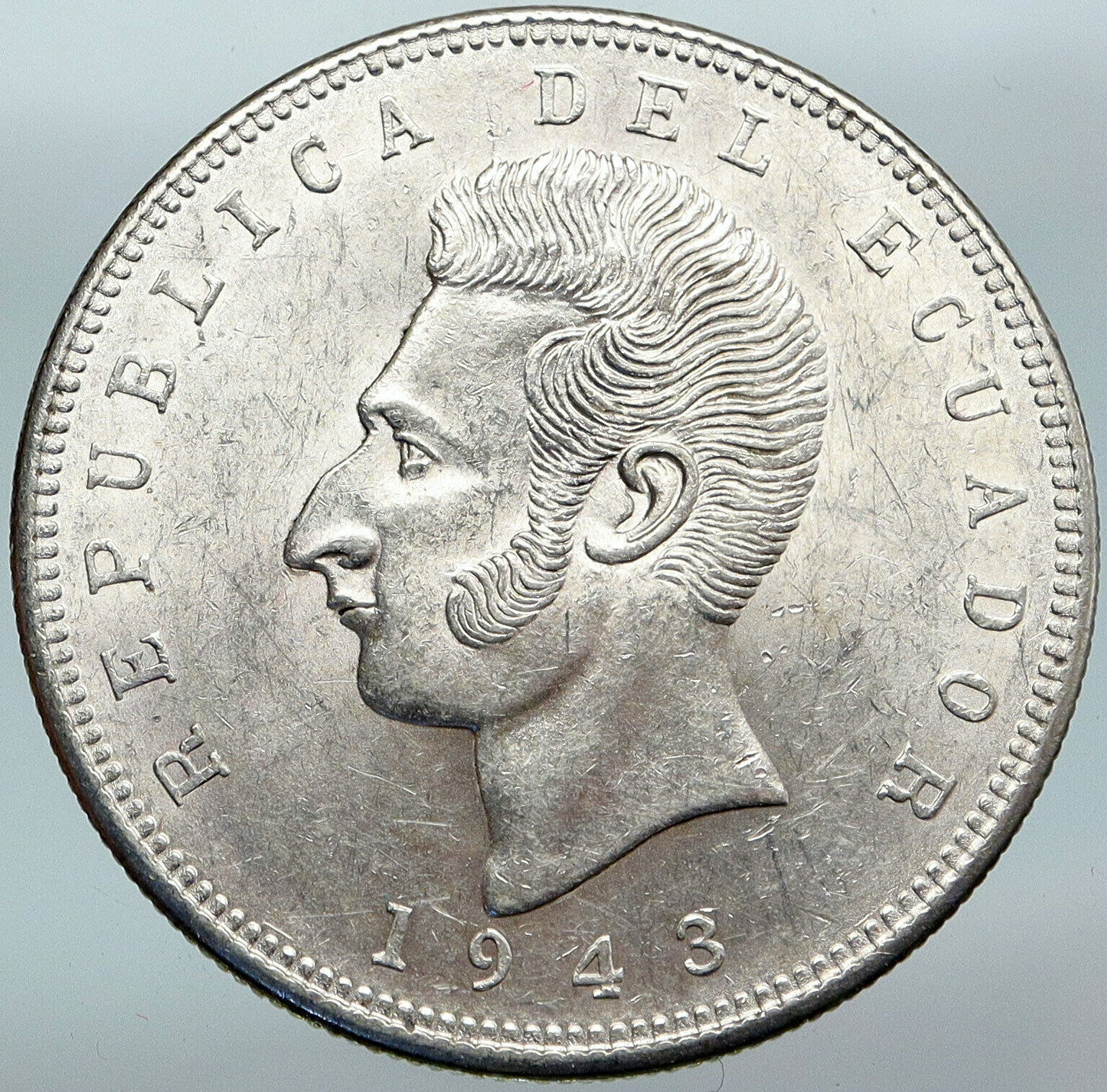 1943 ECUADOR Antonio Jose de Sucre y Alcala Antique Silver 5 Sucres Coin i88157