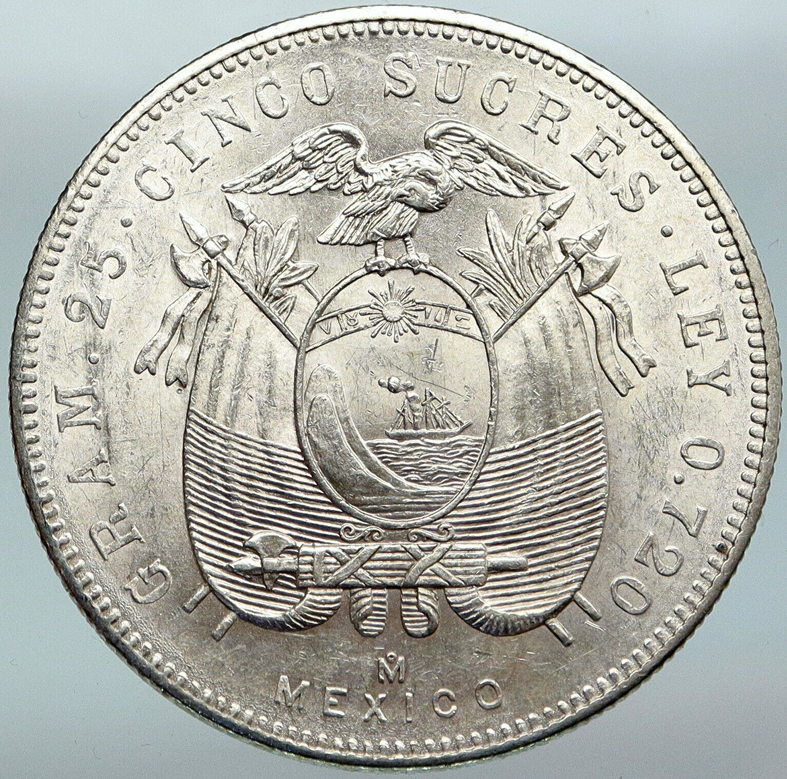 1943 ECUADOR Antonio Jose de Sucre y Alcala Antique Silver 5 Sucres Coin i88157