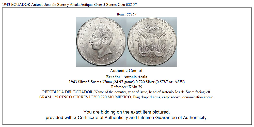 1943 ECUADOR Antonio Jose de Sucre y Alcala Antique Silver 5 Sucres Coin i88157