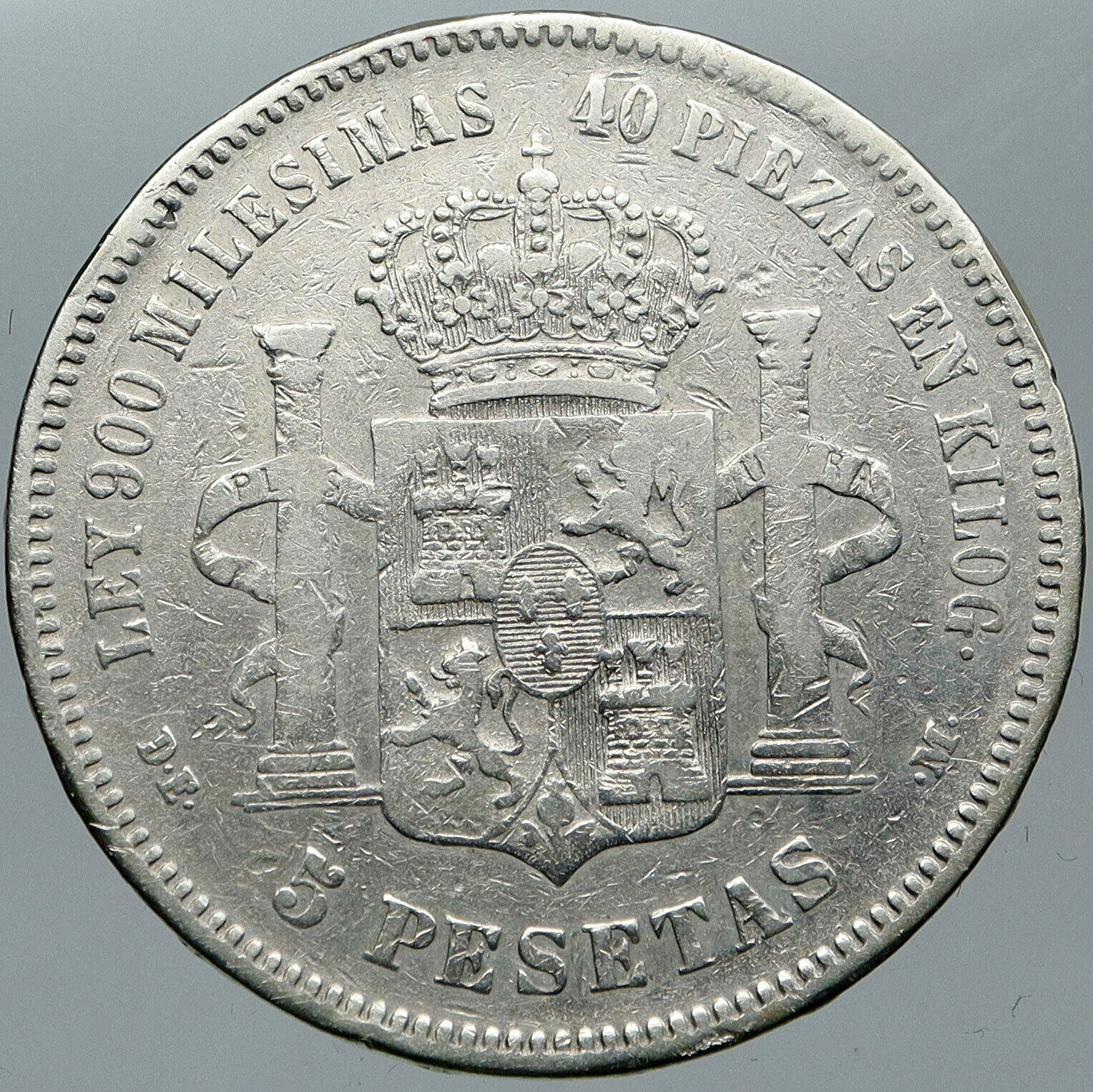 1876 SPAIN w King ALFONSO XII Antique OLD SPANISH Silver 5 Pesetas Coin i88588