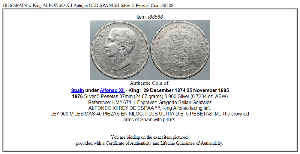 1876 SPAIN w King ALFONSO XII Antique OLD SPANISH Silver 5 Pesetas Coin i88588