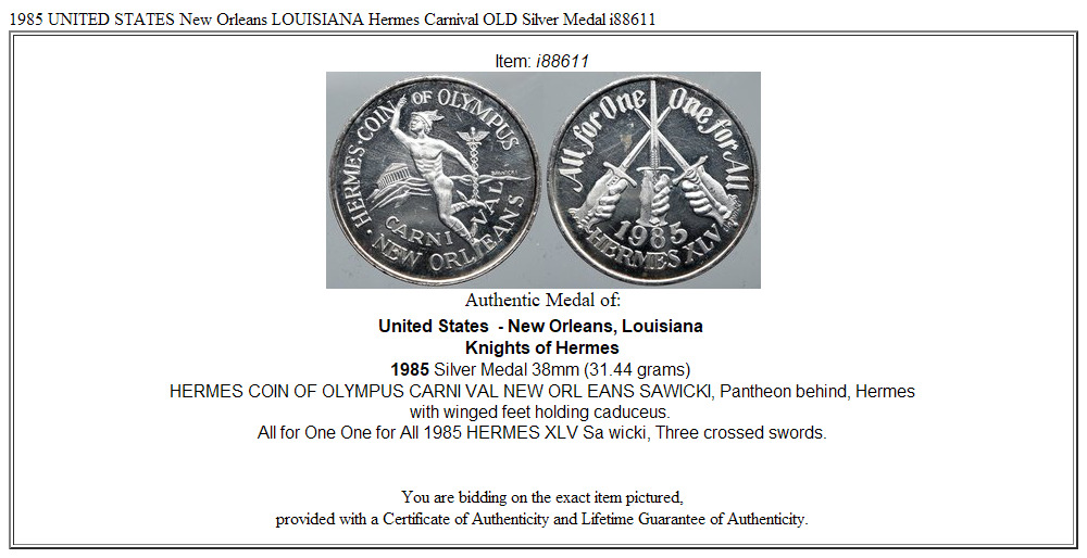 1985 UNITED STATES New Orleans LOUISIANA Hermes Carnival OLD Silver Medal i88611