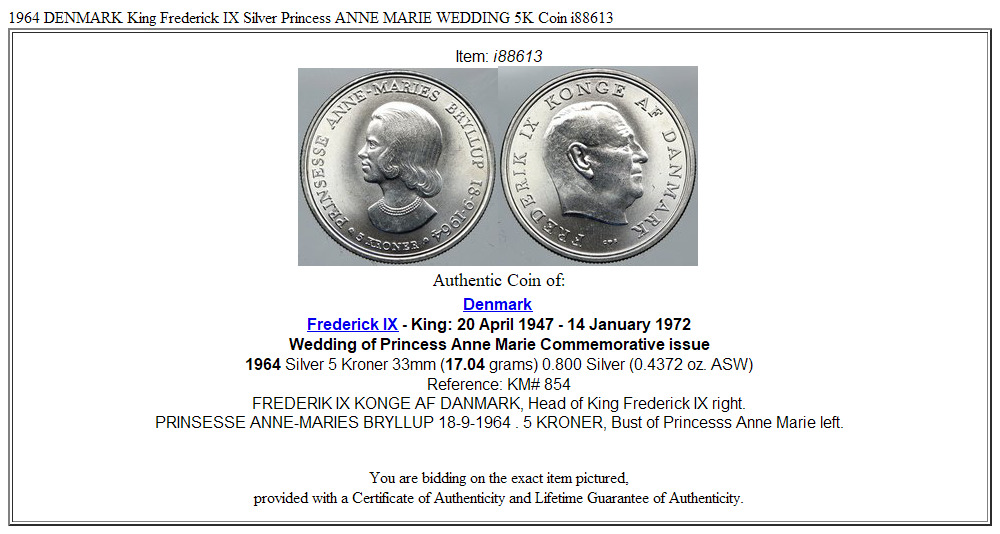 1964 DENMARK King Frederick IX Silver Princess ANNE MARIE WEDDING 5K Coin i88613