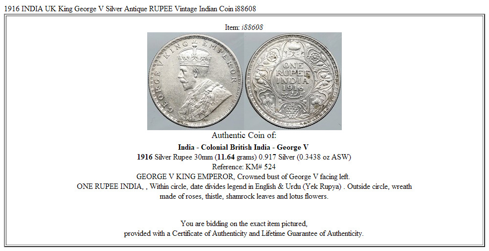 1916 INDIA UK King George V Silver Antique RUPEE Vintage Indian Coin i88608