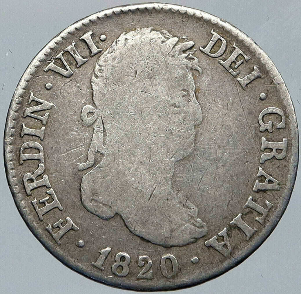 1820 SPAIN King FERDINAND VII Antique OLD Silver 2 Reales Spanish Coin i88612