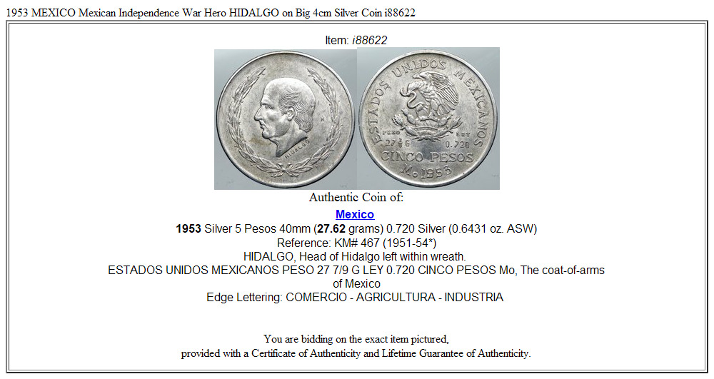 1953 MEXICO Mexican Independence War Hero HIDALGO on Big 4cm Silver Coin i88622