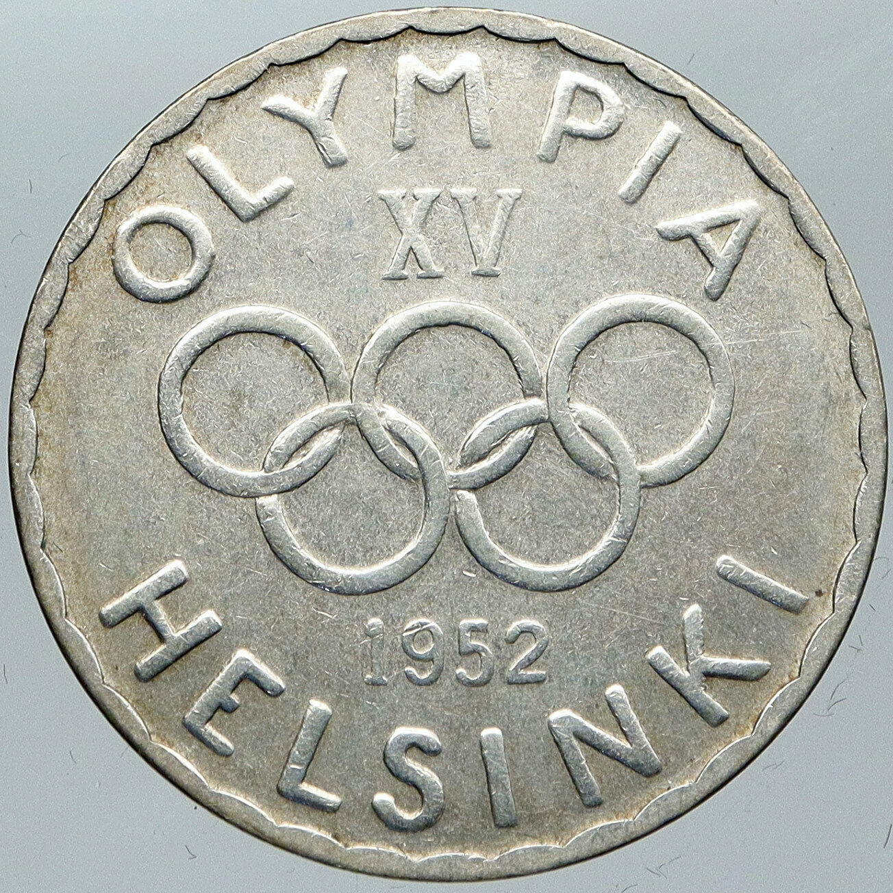 1952 FINLAND Summer Olympics Logo w Rings Genuine Silver 500 Markkaa Coin i88619