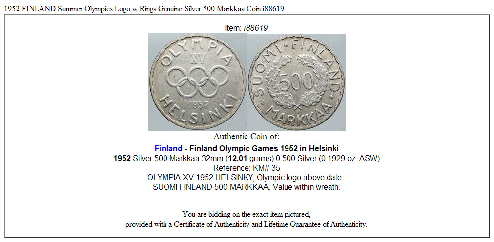 1952 FINLAND Summer Olympics Logo w Rings Genuine Silver 500 Markkaa Coin i88619