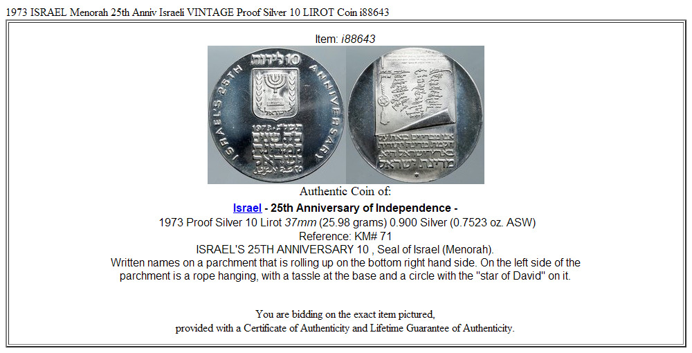 1973 ISRAEL Menorah 25th Anniv Israeli VINTAGE Proof Silver 10 LIROT Coin i88643