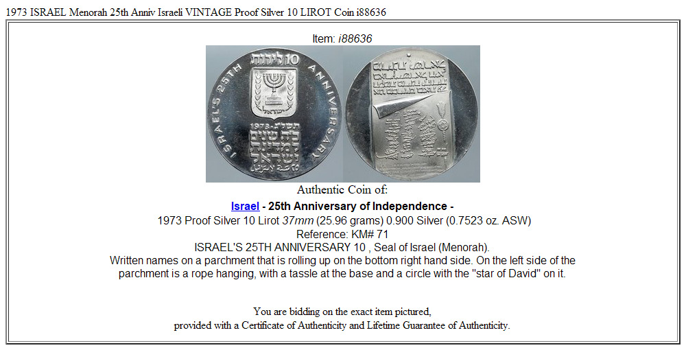 1973 ISRAEL Menorah 25th Anniv Israeli VINTAGE Proof Silver 10 LIROT Coin i88636