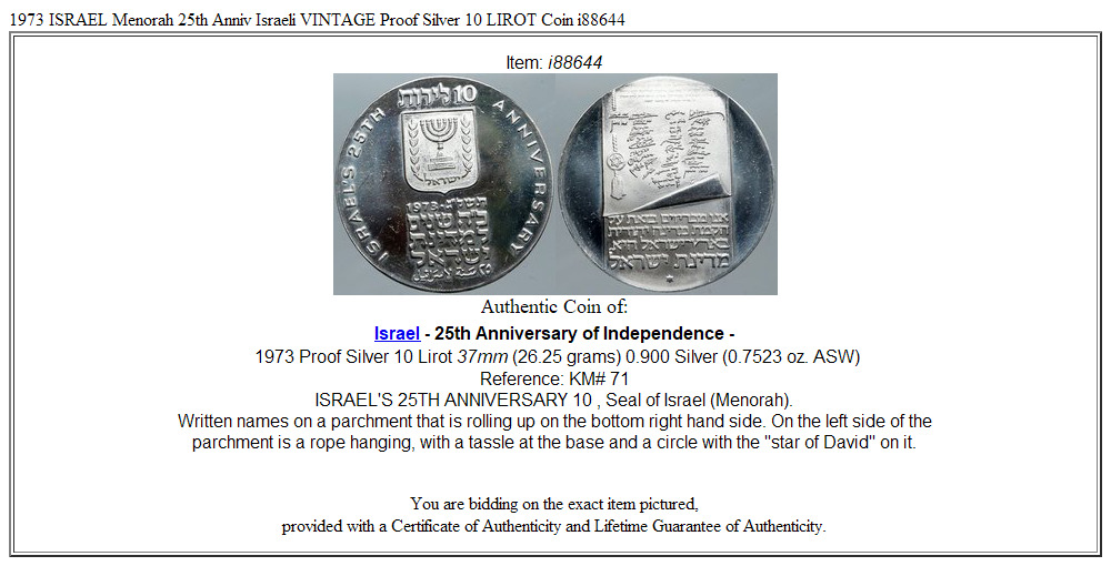 1973 ISRAEL Menorah 25th Anniv Israeli VINTAGE Proof Silver 10 LIROT Coin i88644