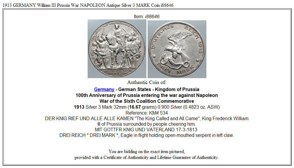 1913 GERMANY William III Prussia War NAPOLEON Antique Silver 3 MARK Coin i88646
