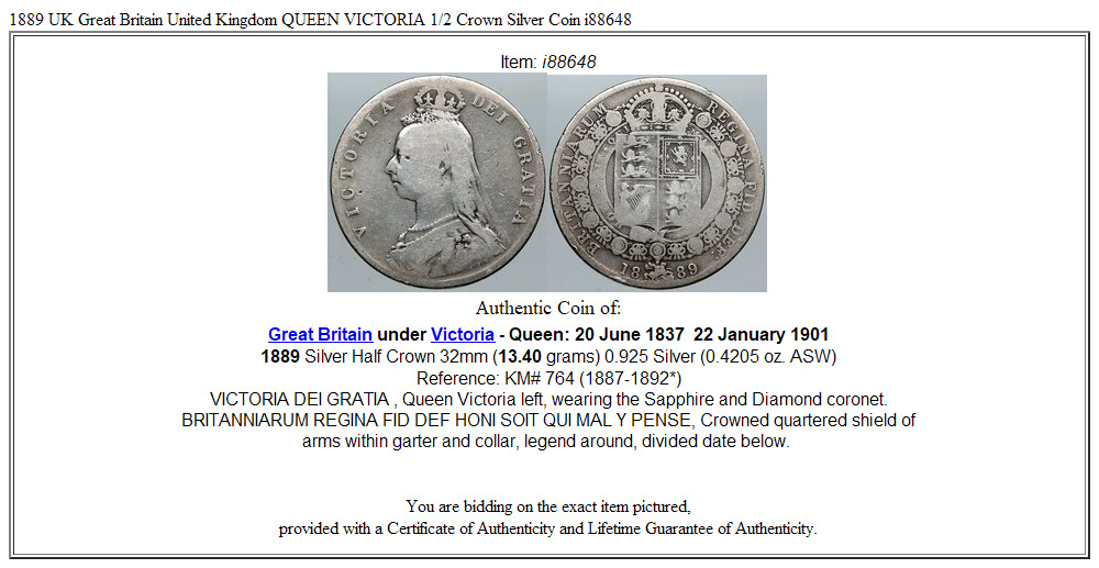 1889 UK Great Britain United Kingdom QUEEN VICTORIA 1/2 Crown Silver Coin i88648