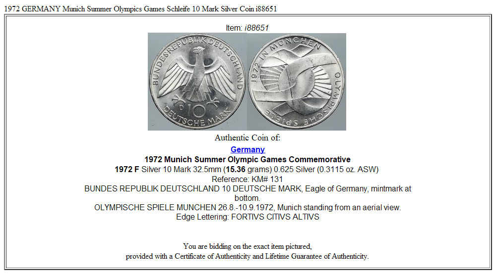 1972 GERMANY Munich Summer Olympics Games Schleife 10 Mark Silver Coin i88651