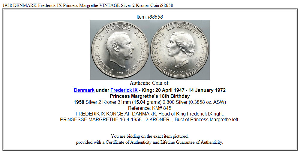 1958 DENMARK Frederick IX Princess Margrethe VINTAGE Silver 2 Kroner Coin i88658