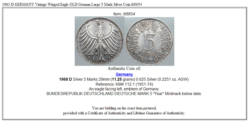 1963 D GERMANY Vintage Winged Eagle OLD German Large 5 Mark Silver Coin i88654