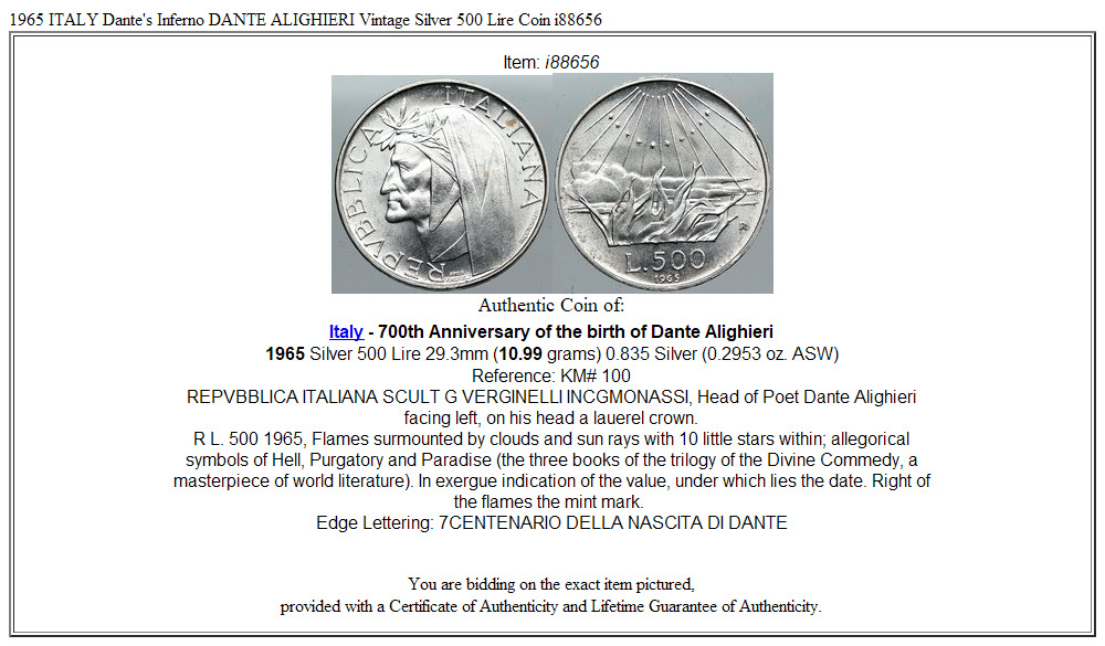 1965 ITALY Dante's Inferno DANTE ALIGHIERI Vintage Silver 500 Lire Coin i88656