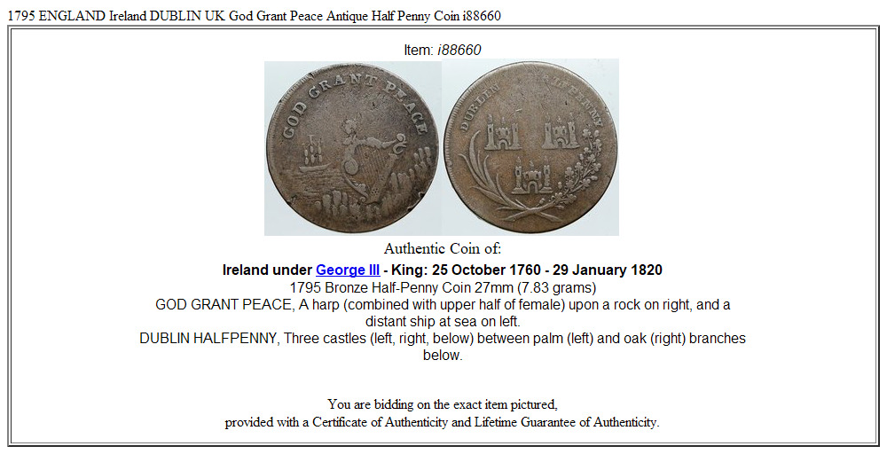 1795 ENGLAND Ireland DUBLIN UK God Grant Peace Antique Half Penny Coin i88660