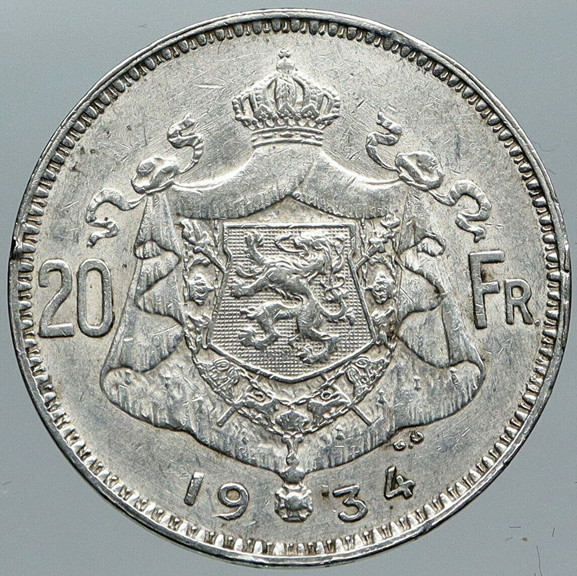 1934 BELGIUM King Albert I Crown Antique Old Genuine Silver 20 Franc Coin i88652