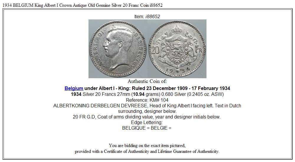 1934 BELGIUM King Albert I Crown Antique Old Genuine Silver 20 Franc Coin i88652