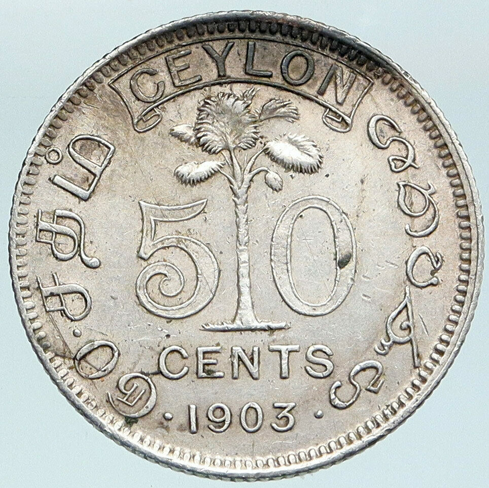 1903 CEYLON now SRI LANKA UK King Edward VII Genuine Silver 50 Cents Coin i88135