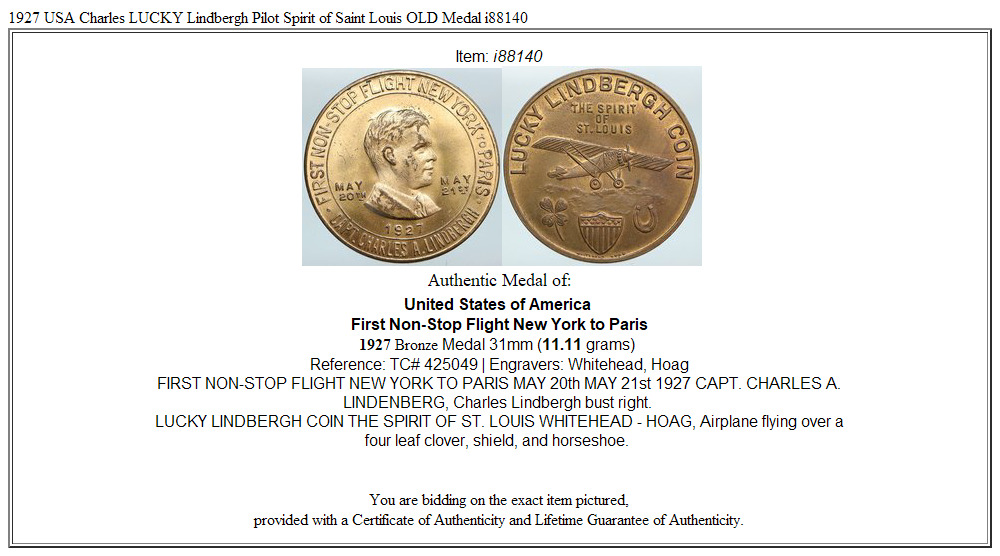 1927 USA Charles LUCKY Lindbergh Pilot Spirit of Saint Louis OLD Medal i88140