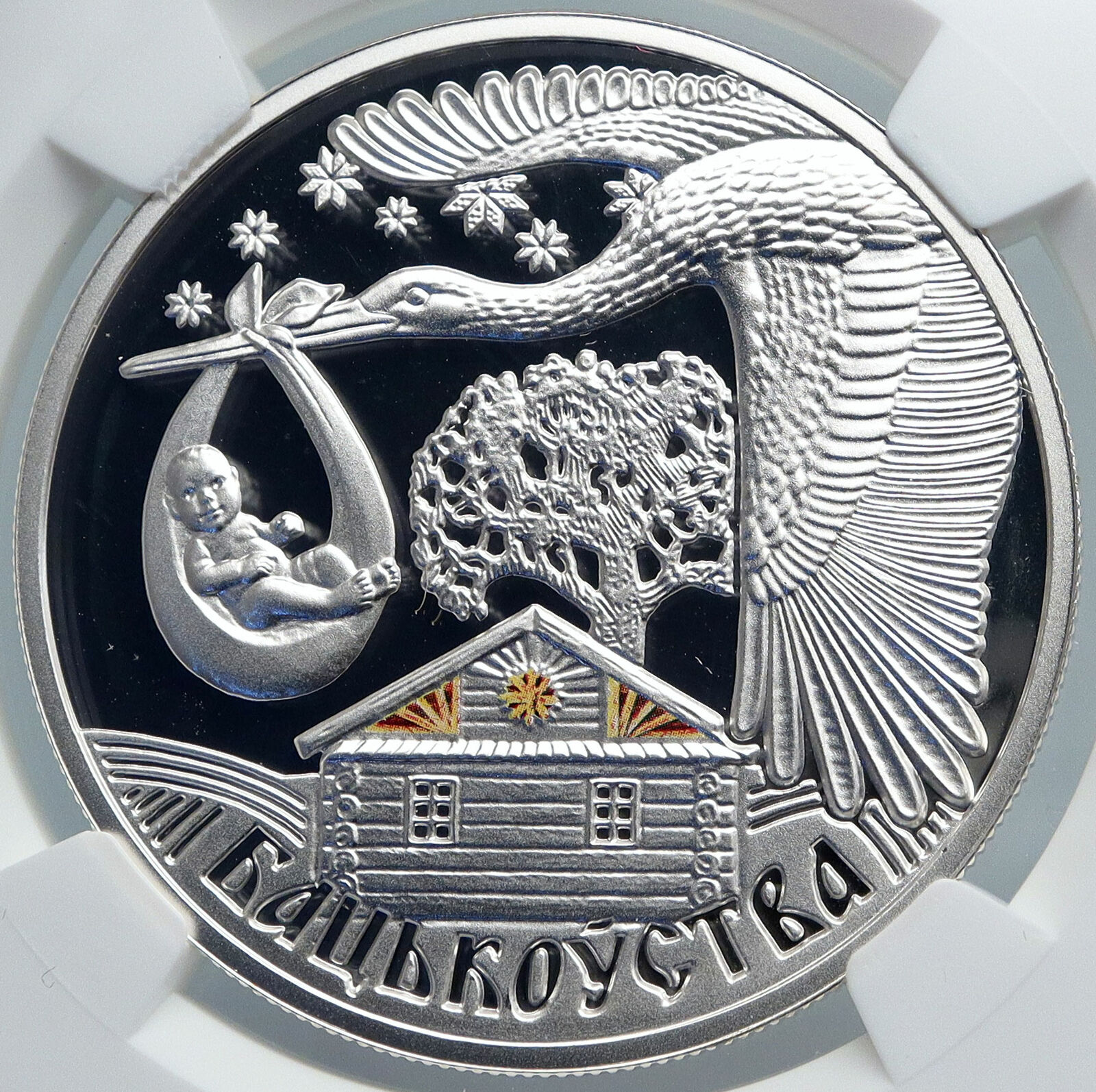 2012 BELARUS Fatherhood Stork Baby DNA COLOR Proof Silver 20 Rouble Coin i89090