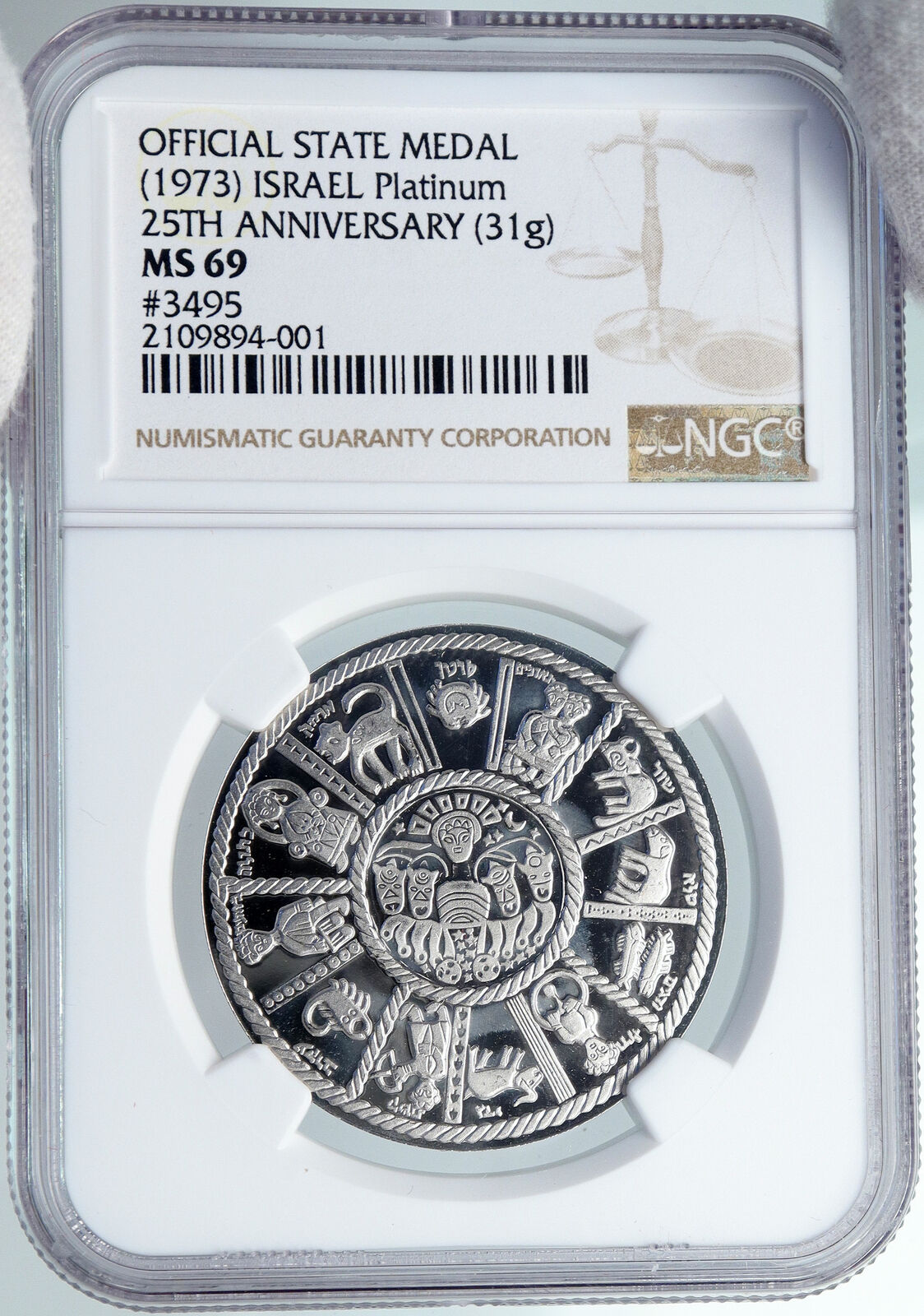 1973 ISRAEL Twelve Tribes Menorah 25 YEAR ANNV Vintage PLATINUM Medal NGC i89087