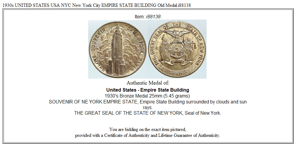 1930s UNITED STATES USA NYC New York City EMPIRE STATE BUILDING Old Medal i88138