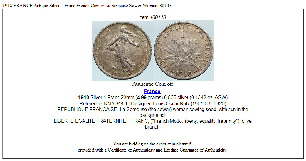 1910 FRANCE Antique Silver 1 Franc French Coin w La Semeuse Sower Woman i88143