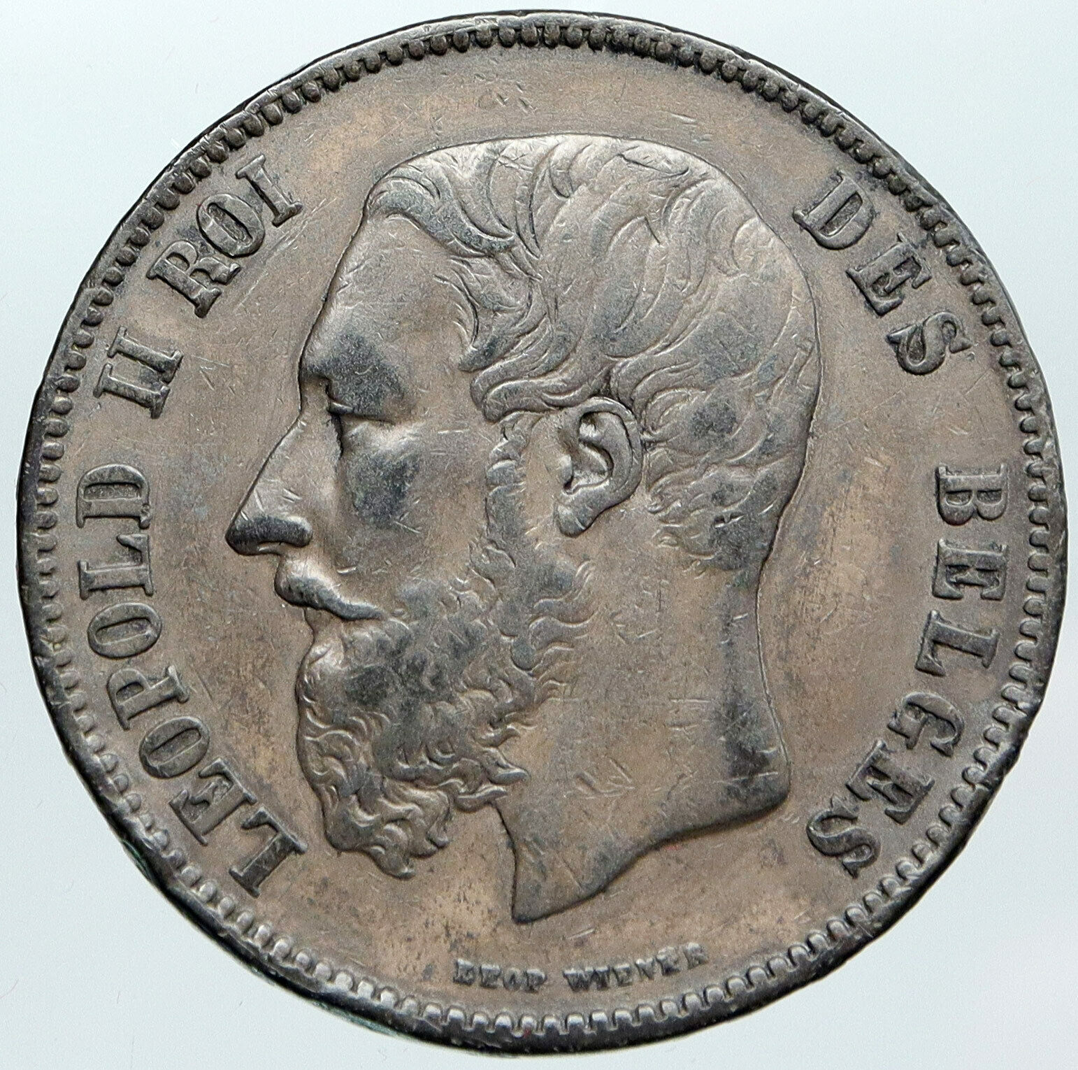 1869 BELGIUM with King LEOPOLD II and LION Antique Silver 5 Francs Coin i88795