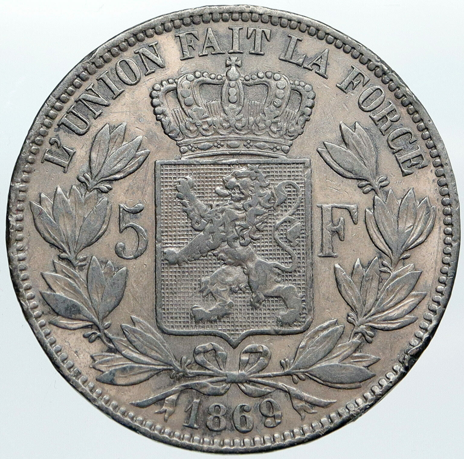 1869 BELGIUM with King LEOPOLD II and LION Antique Silver 5 Francs Coin i88795