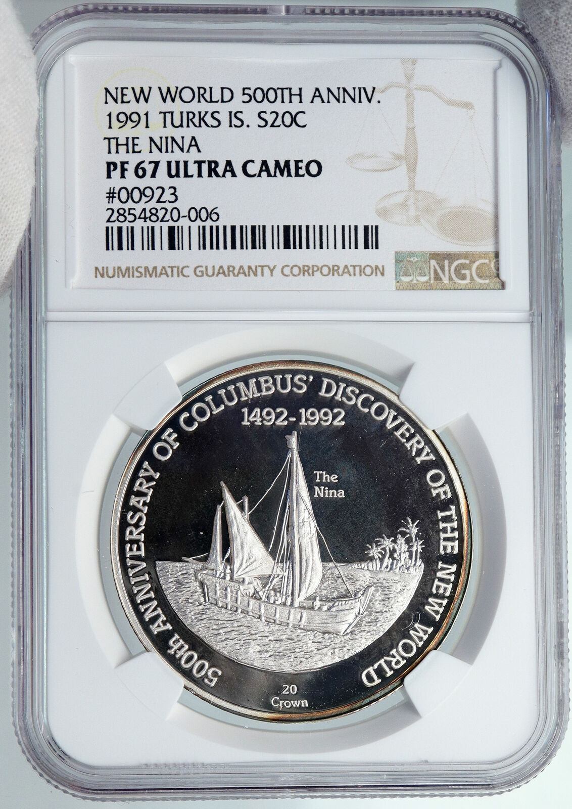 1991 TURKS AND CAICOS Nina Ship EXPLORATION OLD Silver 20 Crown Coin NGC i89095