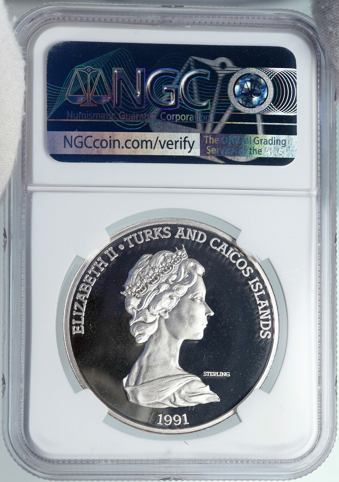 1991 TURKS AND CAICOS Nina Ship EXPLORATION OLD Silver 20 Crown Coin NGC i89095