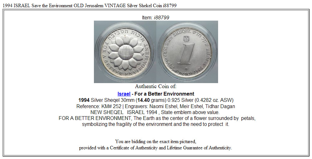 1994 ISRAEL Save the Environment OLD Jerusalem VINTAGE Silver Shekel Coin i88799