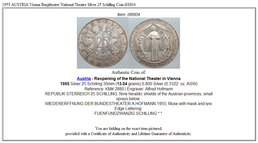 1955 AUSTRIA Vienna Burgtheater National Theatre Silver 25 Schilling Coin i88804