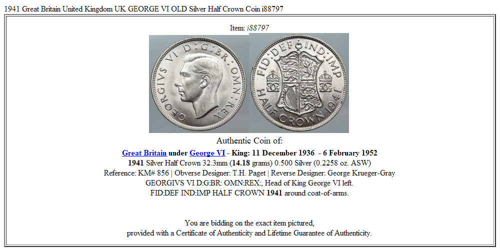 1941 Great Britain United Kingdom UK GEORGE VI OLD Silver Half Crown Coin i88797