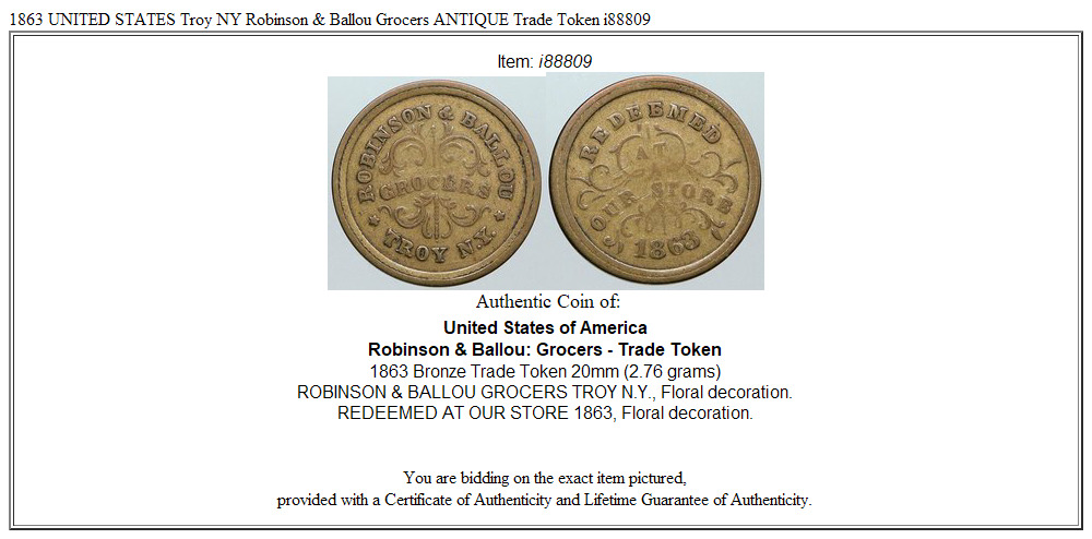 1863 UNITED STATES Troy NY Robinson & Ballou Grocers ANTIQUE Trade Token i88809