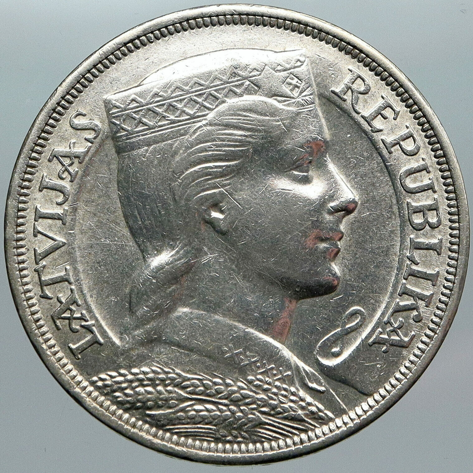 1931 LATVIA w Female Headwear 5 Lati LARGE Vintage Silver European Coin i88798