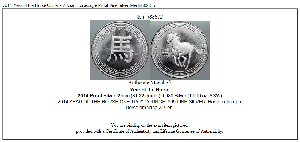 2014 Year of the Horse Chinese Zodiac Horoscope Proof Fine Silver Medal i88812