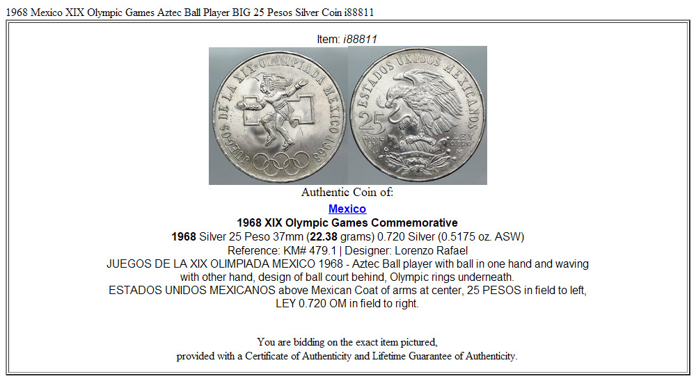 1968 Mexico XIX Olympic Games Aztec Ball Player BIG 25 Pesos Silver Coin i88811