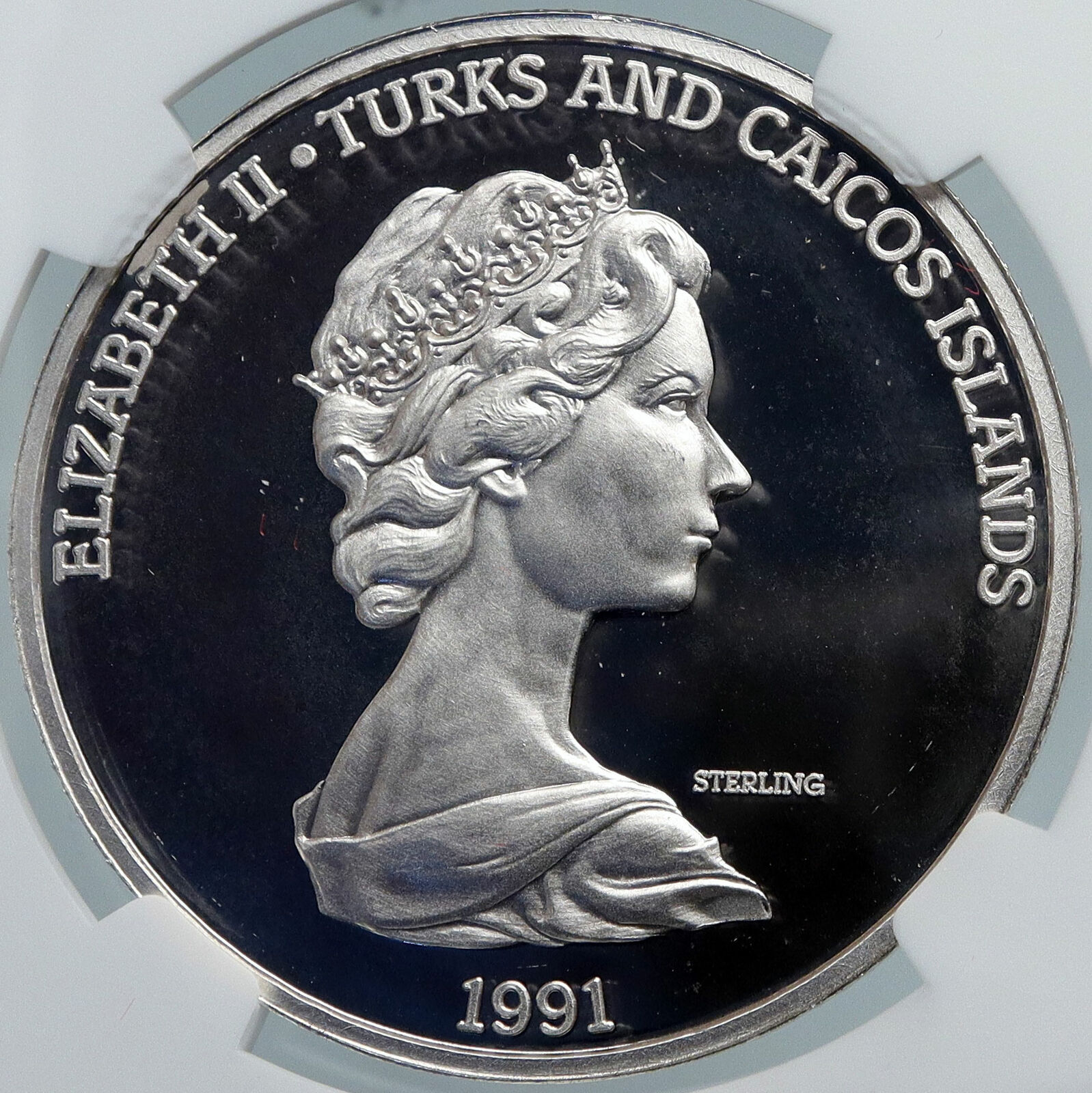 1991 TURKS AND CAICOS Columbus EXPLORATION OLD Silver 20 Crown Coin NGC i89100