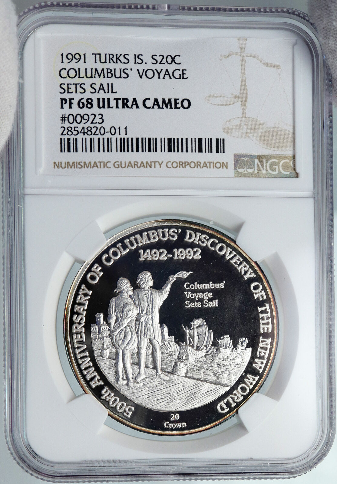 1991 TURKS AND CAICOS Columbus EXPLORATION OLD Silver 20 Crown Coin NGC i89100