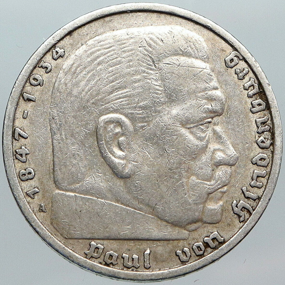 1936 Germany 2nd President Paul von Hindenburg Silver German 5 Marks Coin i88813